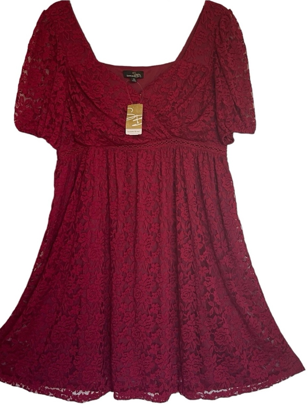 Suzanne Betro Burgundy Lace Empire-Waist Dress 2X
